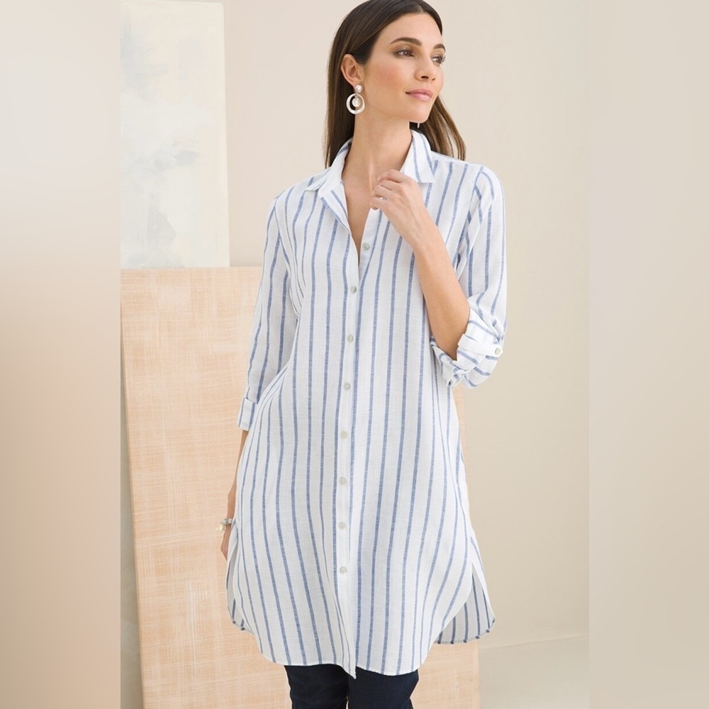 Linen Blue/Wht Stripe Maxi Tunic 3/4 Sleeve Size 8/10 - Picture 4 of 12